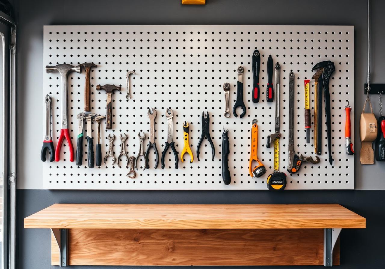 Wall-mounted pegboard with neatly organized hand tools in a modern garage